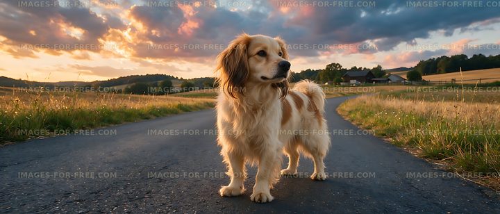 Fluffy long-haired dog in a rural sunset landscape