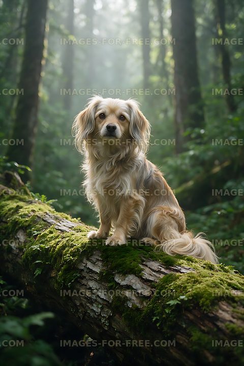 Fluffy dog sitting on a mossy log in the forest