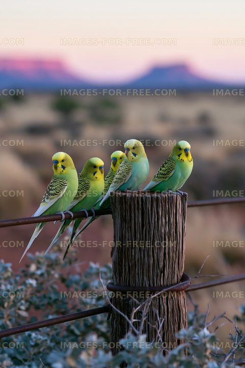 Colorful budgerigars perched over a desert view