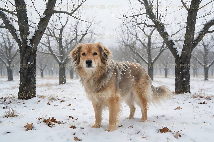 Fluffy long-haired dog in falling snow
