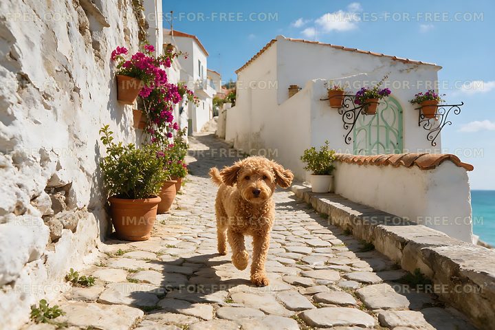 Curly-coated dog on a coastal village lane