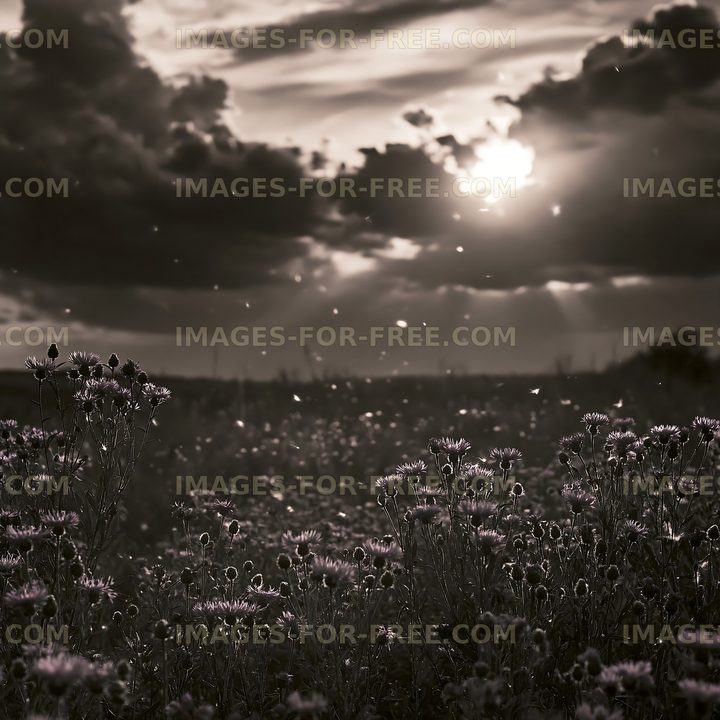 Fields of wildflowers at sunset with cloudy sky