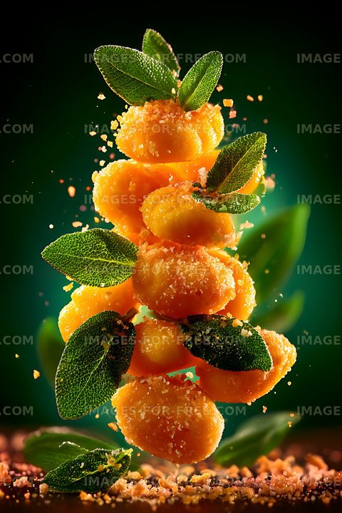 Orange glazed dessert with leaves and scattered crumbs