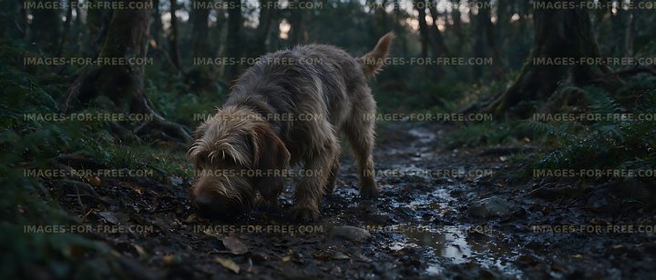 Shaggy dog sniffing a wet woodland path