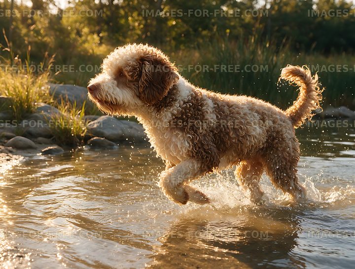 Curly-coated dog splashing through shoreline water