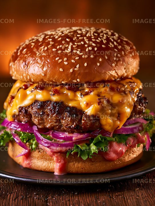Close-up cheeseburger with melted cheese and vegetables