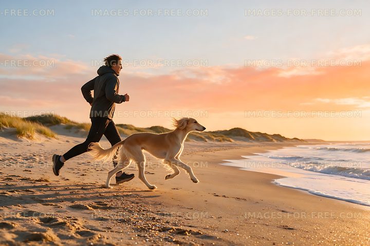 Person running with a long-haired dog beside the sea