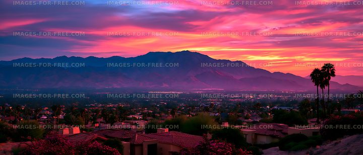 Panoramic sunset over a palm-lined mountain city