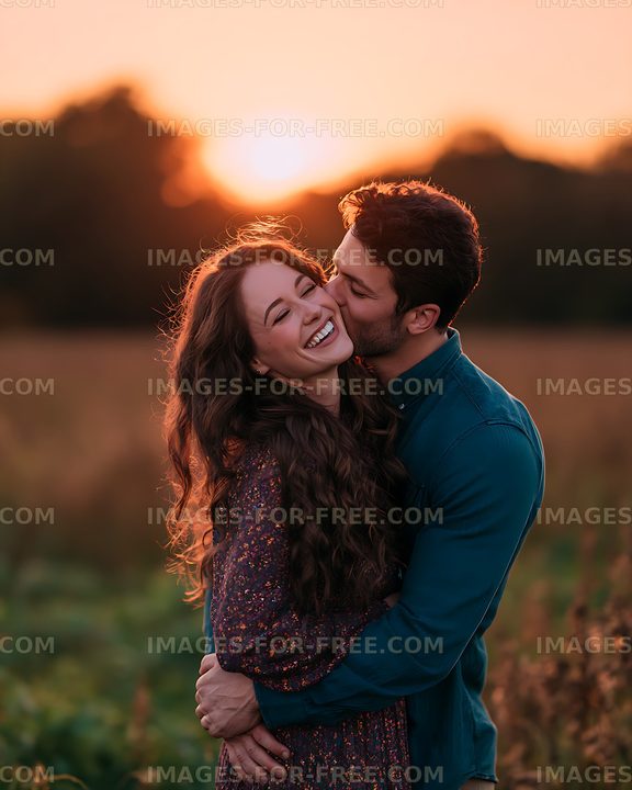 Happy couple sharing a kiss in a sunlit field