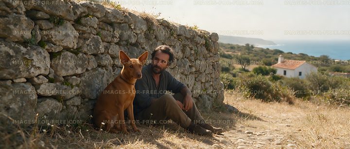 Owner and unusual dog relaxing beside a stone wall