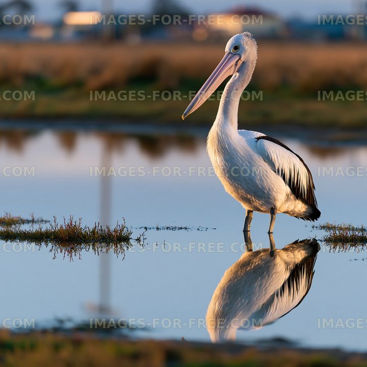 Pelican reflected in calm coastal lagoon water