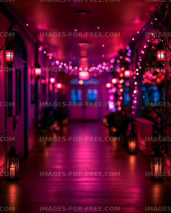 Vibrant pink and blue hallway decorated with glowing lights