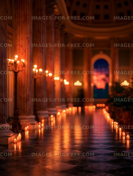 Warm candlelight illuminating an ornate interior