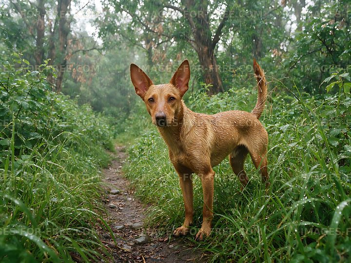 Wet dog on a lush woodland path
