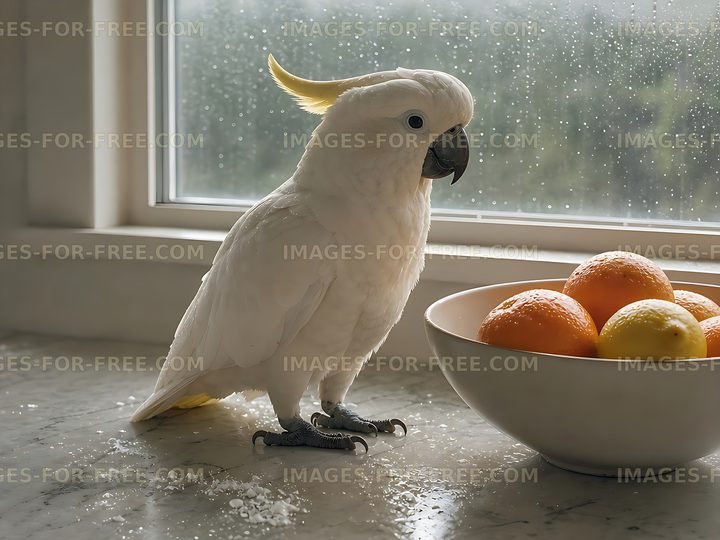 Cockatoo standing near bowl of oranges in a kitchen
