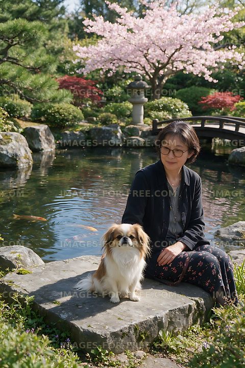 Owner and small dog in a tranquil garden setting