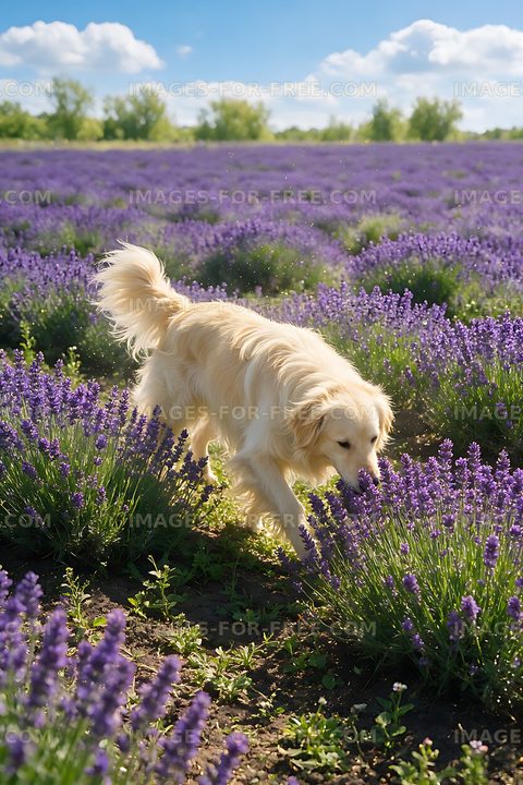 Cream-colored long-haired dog in a blooming purple meadow