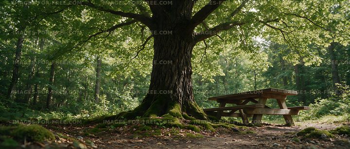Wooden picnic table under a broad forest tree