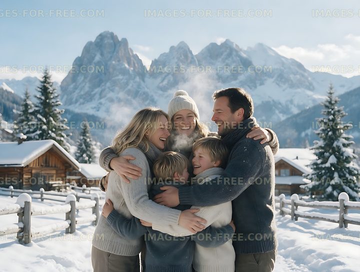 Happy family hug in snowy alpine landscape