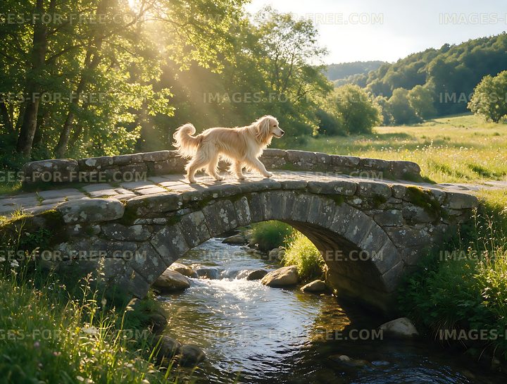 Long-haired dog on a rustic bridge above a stream