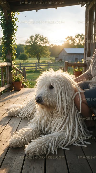 White corded dog and owner enjoying a rural porch