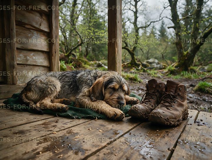 Shaggy puppy asleep beside muddy boots in a forest shelter