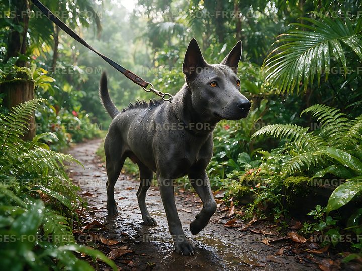 Distinctive leashed dog on a wet jungle trail