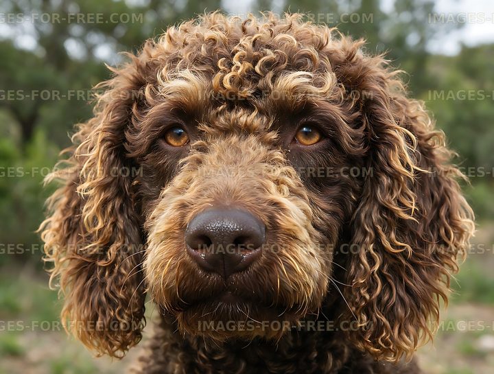 Brown curly-coated dog looking at camera