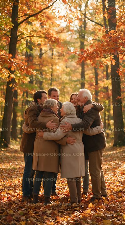 Family embrace among autumn leaves