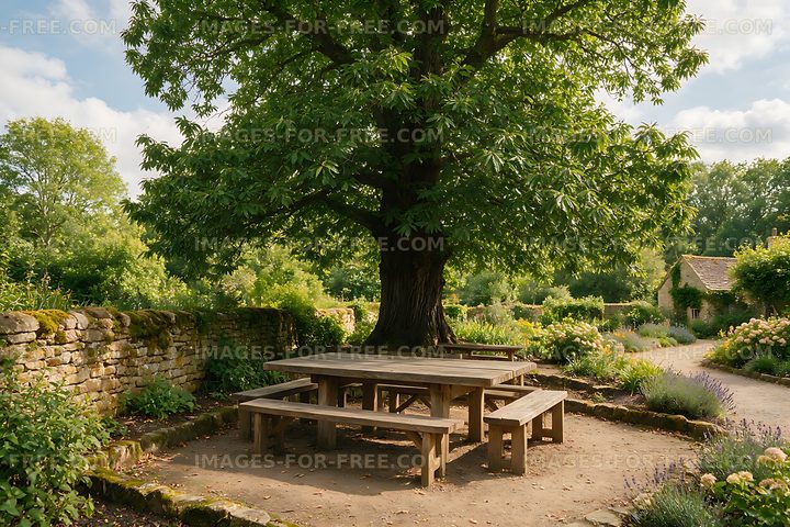 Wooden picnic area under a broad leafy tree