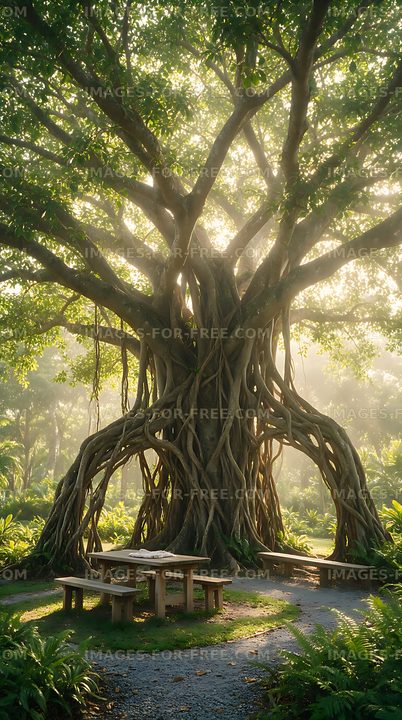Banyan tree shading a picnic area in a lush garden