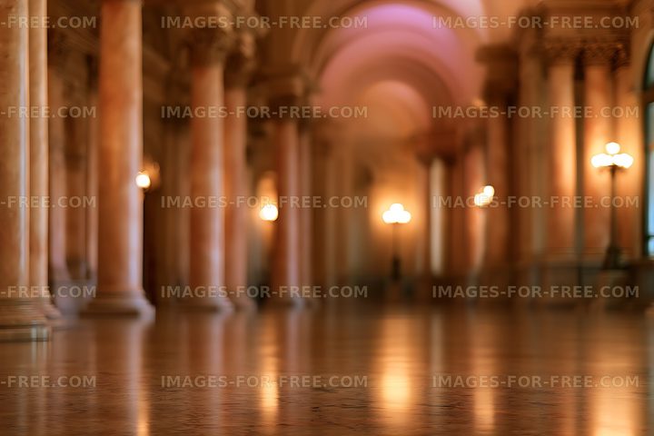 Warm blurred architectural hall with illuminated columns