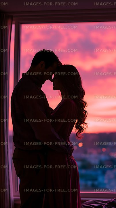 Romantic silhouette of a couple by a glowing sunset window
