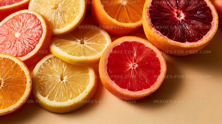 Fresh citrus fruit slices with vivid colorful segments