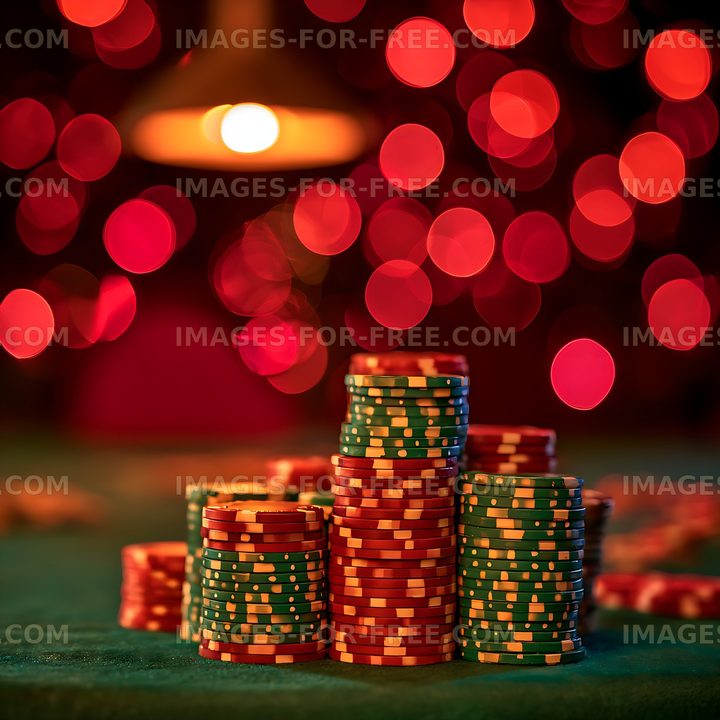 Stacked poker chips against colorful bokeh