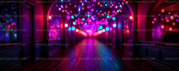 Colorful neon bokeh illuminating a reflective interior hallway