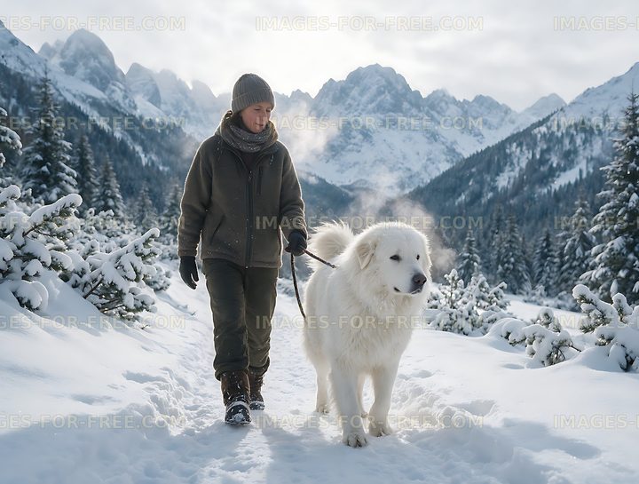 Owner and large white dog hiking in a snowy mountain landscape