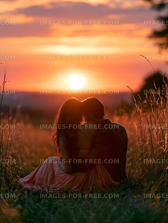 Romantic couple seated in grass during sunset