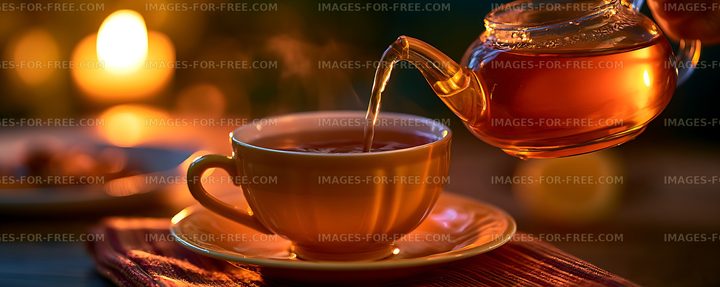 Amber tea poured from a glass teapot into a cup