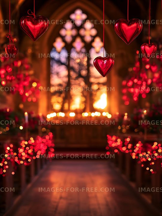 Hanging red hearts and warm bokeh lights along a decorated walkway