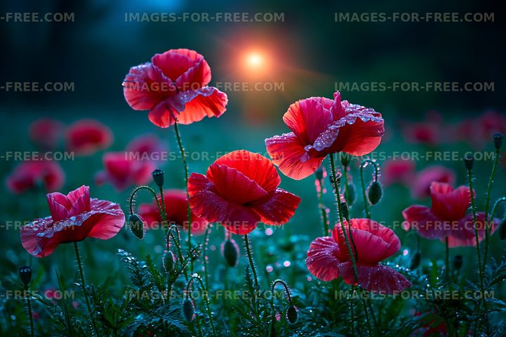 Poppies bloom under soft evening light with dew drops