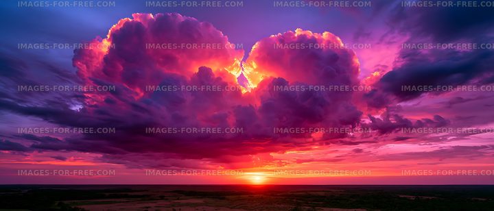 Vibrant sunset beneath towering purple storm clouds