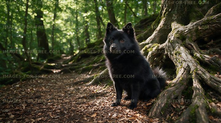 Black dog resting on a leafy woodland path