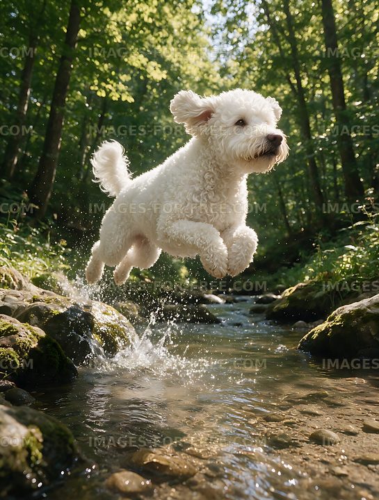 White dog jumping through a sunlit woodland creek