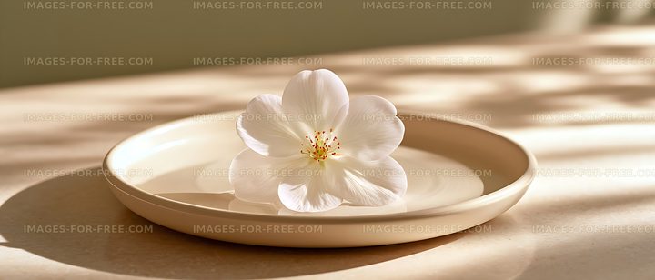 Delicate white flower in a sunlit ceramic dish