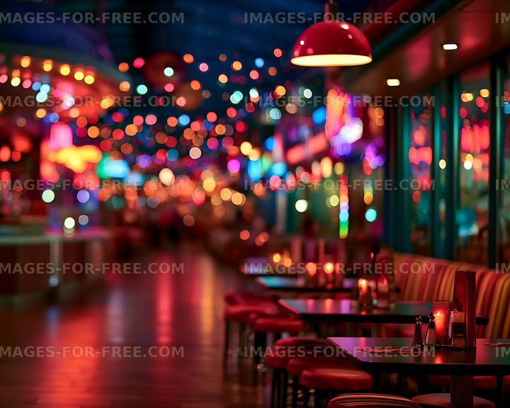 Vibrant neon restaurant interior with colorful blurred lights