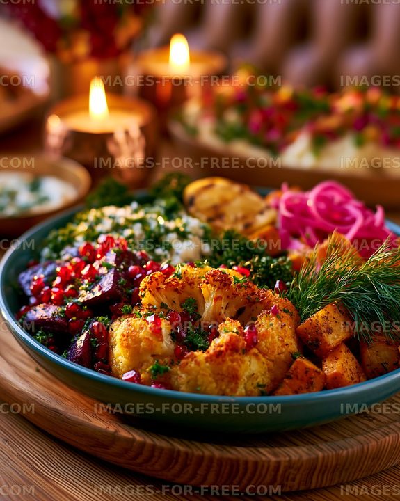 Colorful roasted vegetable platter in warm candlelight