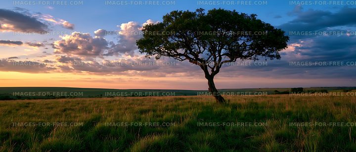 Solitary tree across an open grassland at sunset