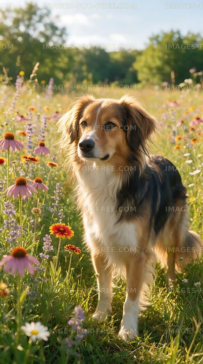 Fluffy long-haired dog among meadow flowers
