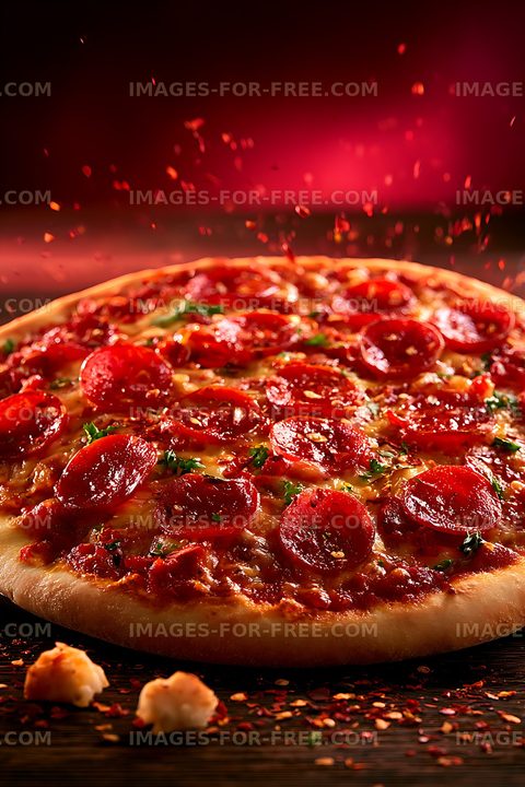 Pepperoni pizza under dramatic red light